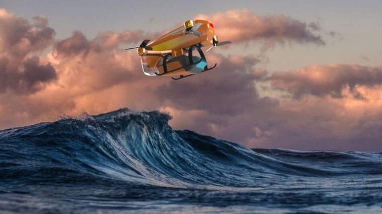 无人机在水面上飞行。
